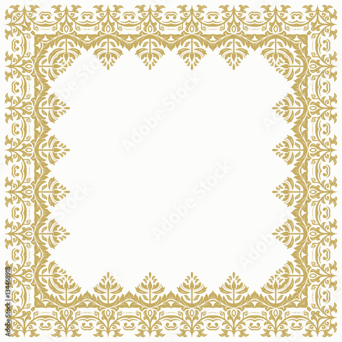 Classic square frame with arabesques and orient elements. Abstract fine ornament with place for text. Golden and white pattern