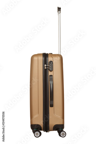 Golden plastic suitcase isolated on white background