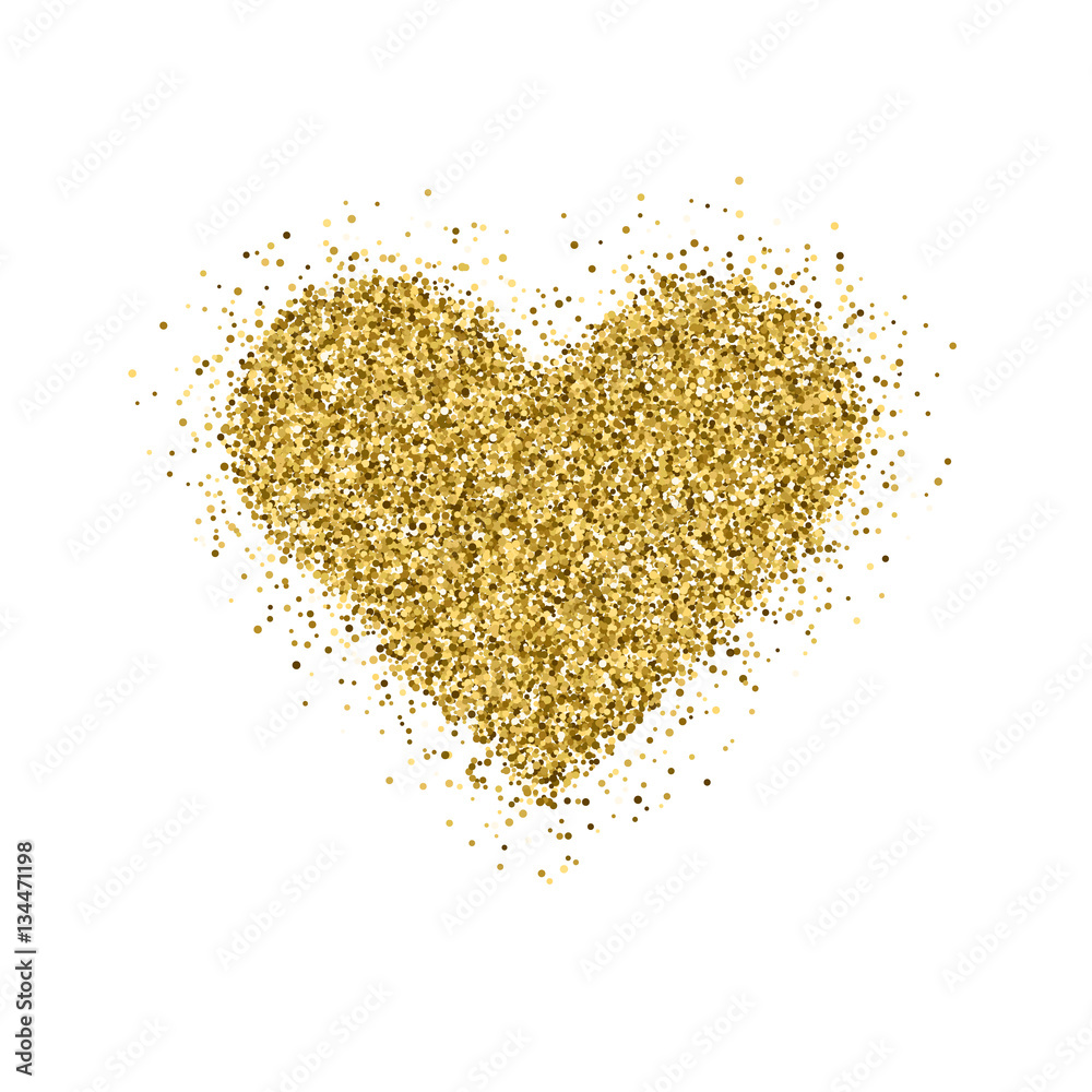 Gold glitter Valentines day heart sign badge with white background for logo, design concepts, banners, labels, postcards, invitations, prints, posters, web. Vector illustration.