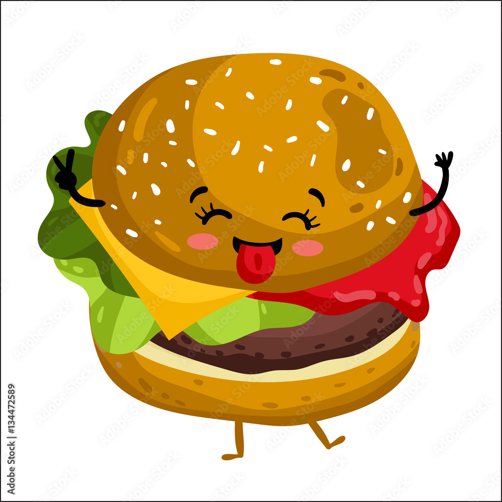 Cute hamburger cartoon character isolated on white background vector  illustration. Funny fast food restaurant emoticon face icon. Happy smile  cartoon face food, comical burger animated mascot symbol Stock Vector |  Adobe Stock