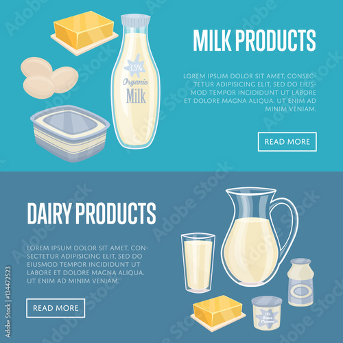 Dairy horizontal templates with different milk products blue background  vector illustrations with space for text. Nutritious and healthy products. Organic farming. Natural and healthy food.