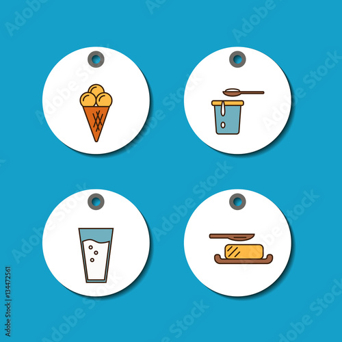 Price tags with dairy products icons in line style design on blue background, vector illustration. Natural and healthy food. Traditional farmers products. Organic shop round labels.