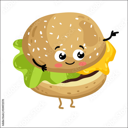 Cute cheeseburger cartoon character isolated on white background vector illustration. Funny fast food restaurant emoticon face icon. Happy smile cartoon face food, comical burger animated mascot