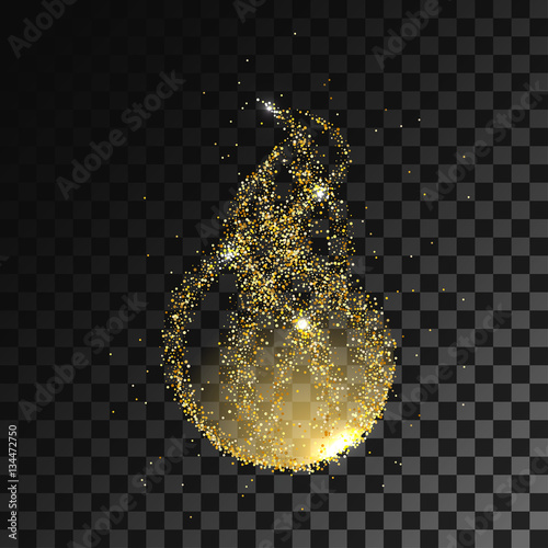 Abstract golden dust, fire waves and shining ball with sparkles on transparent black background. Space design. Vector illustration.