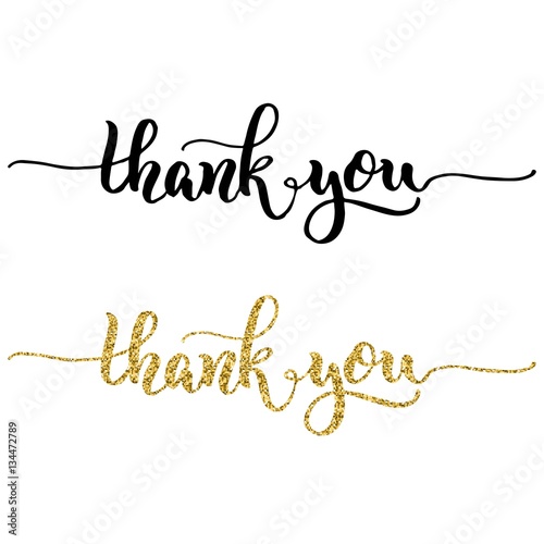 Hand lettering thank you, black ink and gold glitter effect, isolated on white background. Vector illustration. Modern calligraphy, can be used for card design.