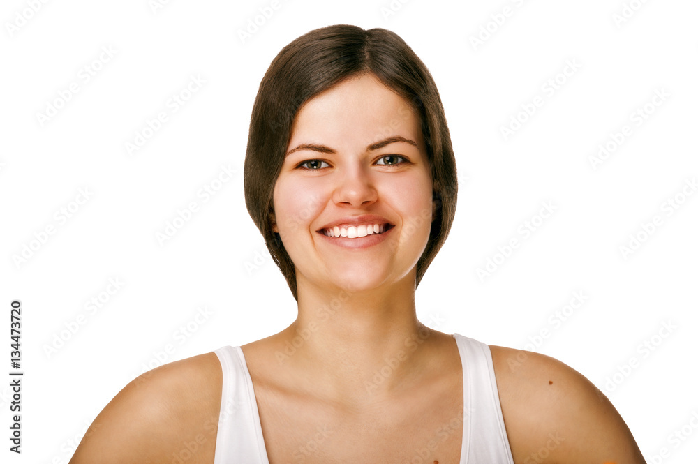Beautiful woman face close up studio on white Beautiful woman face close up studio on white