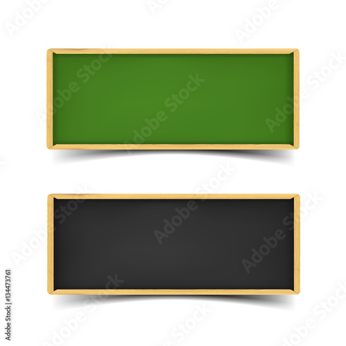 School board banner set. Realistic vector illustration of green and black boards with chalk and wooden borders. Horizontal web banners with shadow isolated on white background.