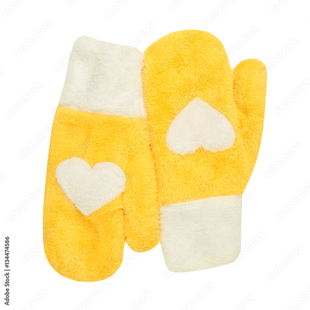 Yellow mittens with heart symbol on white Yellow mittens with heart symbol on white