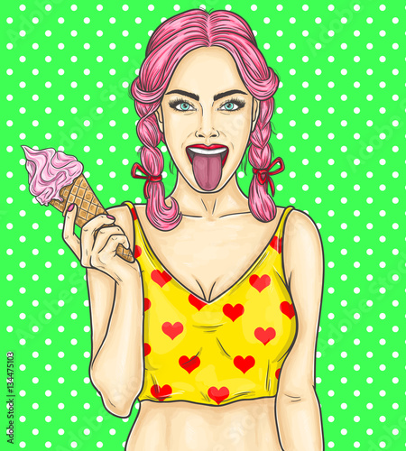 Pop art pin up young sexy girl eating ice cream