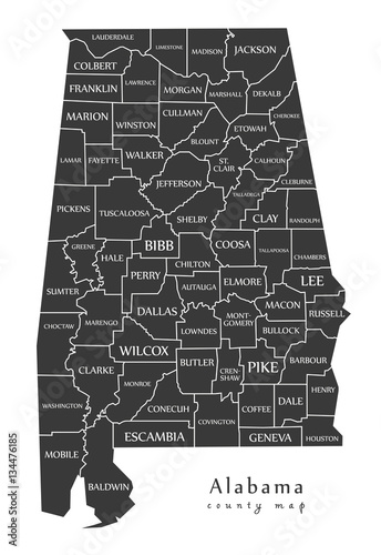 Modern Map - Alabama county map with labels USA illustration
