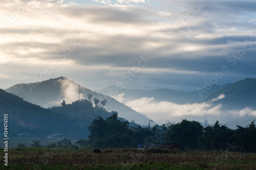 Morning mist with mountain range   Morning mist with mountain range in Chiangmai province  north of Thailand