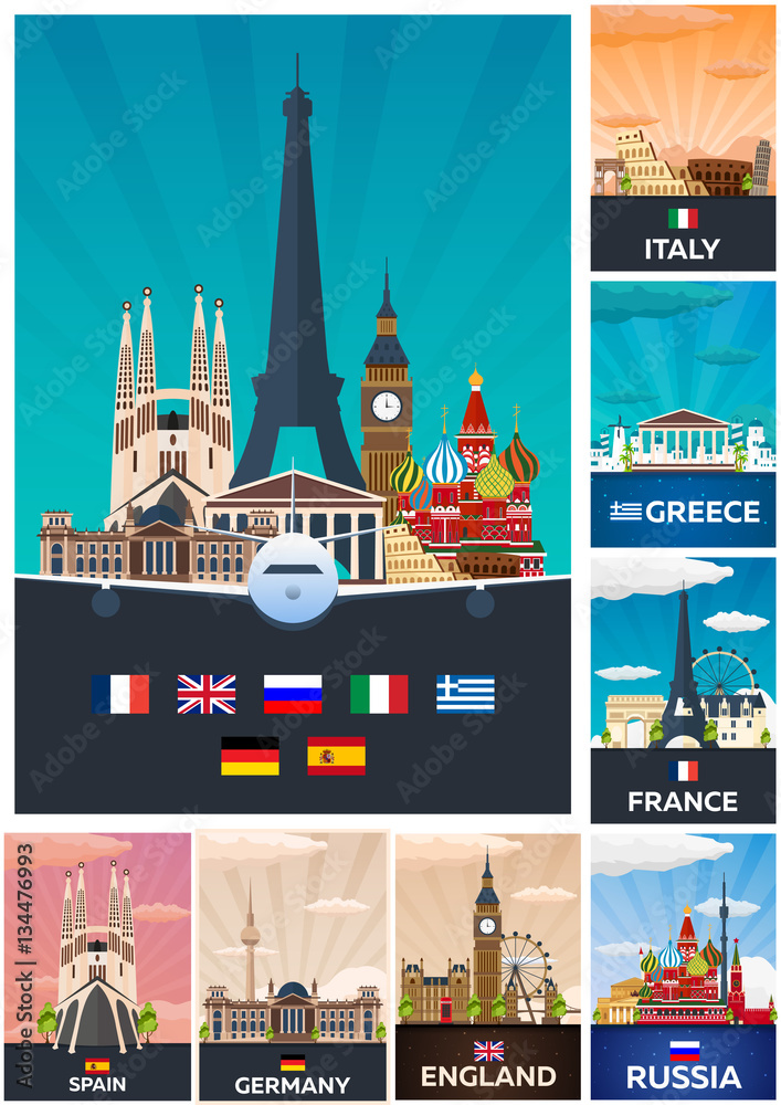 Big Collection of Travel posters to the Europe. Schengen. Vecor Flat illustration.