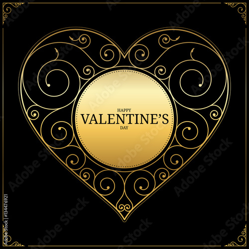 Valentines Day heart. love symbol, sign or logo with floral ornamental elements on black background. Place for text. Vector illustration