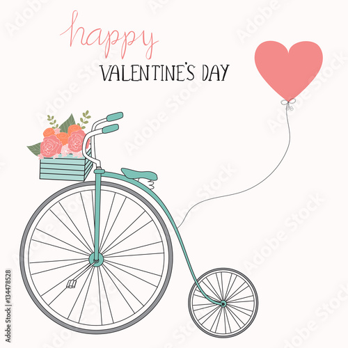 Happy Valentines day .Romantic bicycle with hand lettering.illus