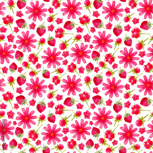 Seamless pattern with flowers and berries. Colorful illustration. Watercolor handpainted texture on white background for wallpaper  blogs  cover