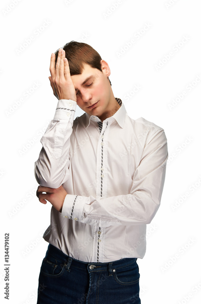 Man experiencing severe headaches, fatigue. Stress the student during the session. Workers have a lot of work, all hands on deck. The young guy is sick. The boy feels pain. Migraine, fever and flu. Man experiencing severe headaches, fatigue. Stress the student during the session. Workers have a lot of work, all hands on deck. The young guy is sick. The boy feels pain. Migraine, fever and flu.