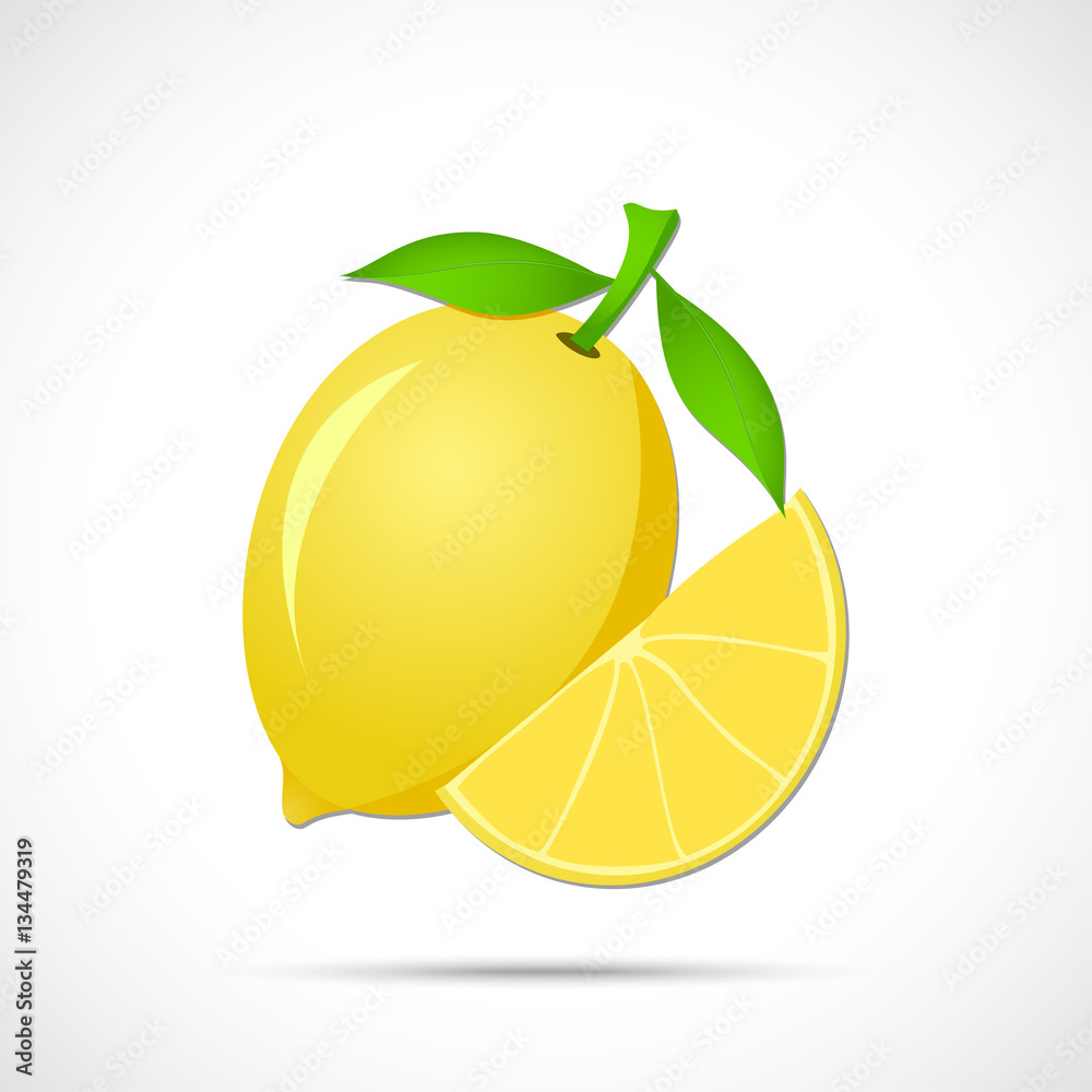 Lemon with leaf and sliced lobule. Fruit icon. Lemon with leaf and sliced lobule. Fruit icon.