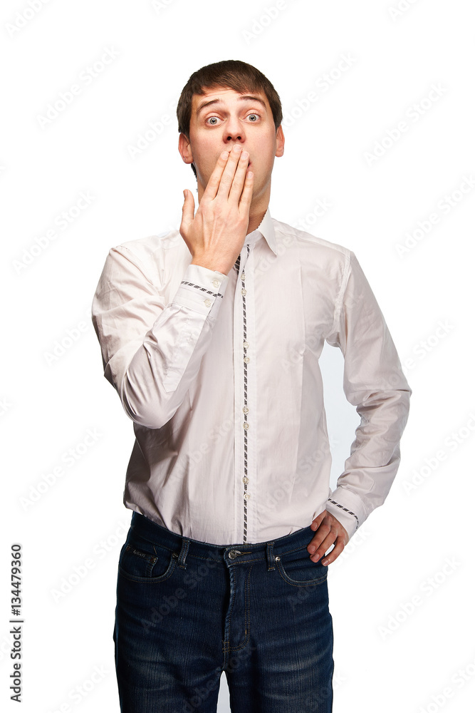 A young cute funny guy blurted out too much. Beautiful European man was frightened. The boy said, A young cute funny guy blurted out too much. Beautiful European man was frightened. The boy said,
