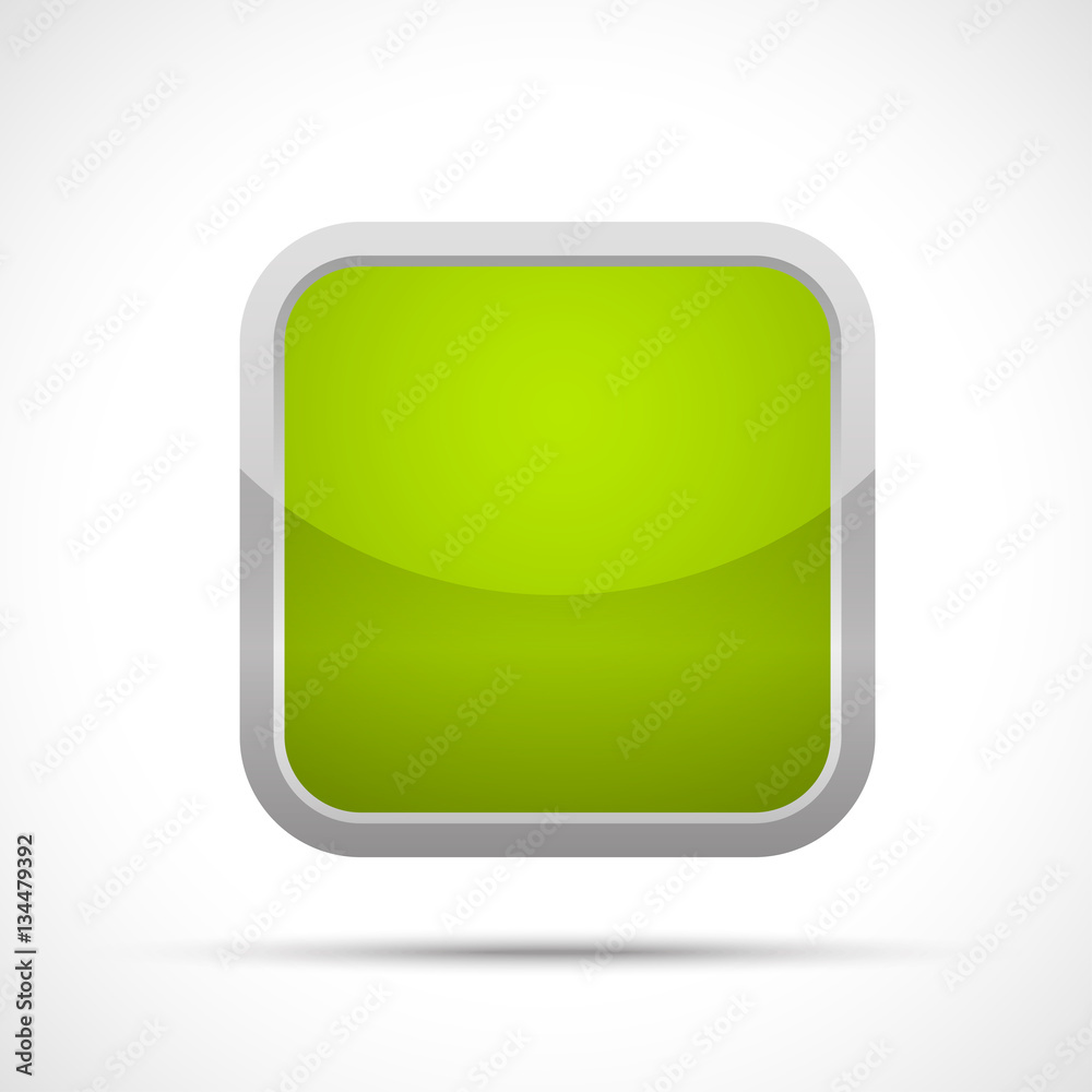 Green square button icon isolated on a white background. Square sticker with white border. Green square button icon isolated on a white background. Square sticker with white border.