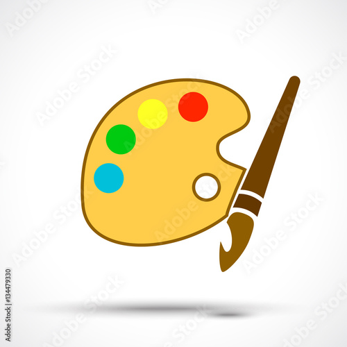 Paint brush with palette icon. Isolated on white background. Flat design style. photo