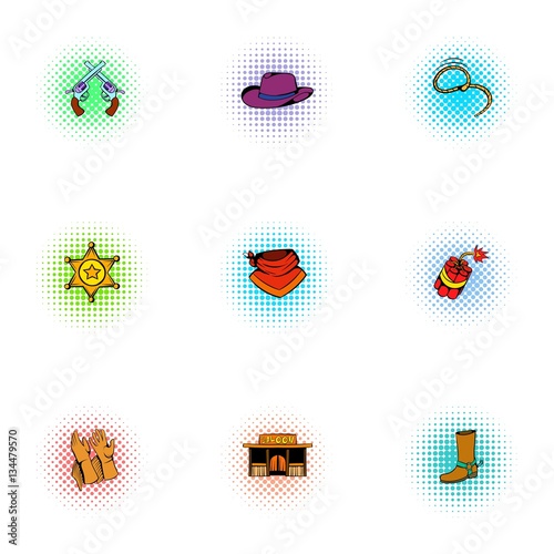 Wild West of USA icons set, pop-art style