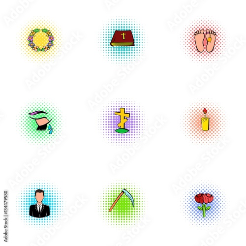 Funeral icons set, pop-art style