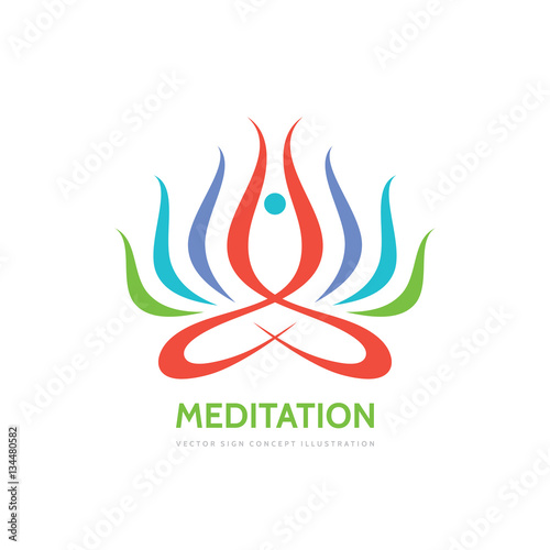 Meditation yoga - vector logo template concept illustration. Abstract human character sign and colored petals leaves. 