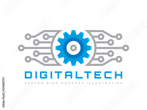 Digital tech - vector business logo template concept illustration. Gear electronic factory sign. Cog wheel technology symbol. SEO emblem. Design element.