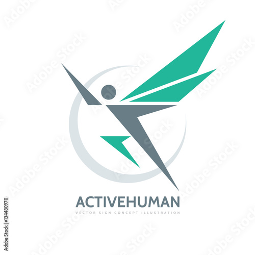 Active human character - vector business logo template concept illustration. Abstract man with wings. Creative sign. Design element. 