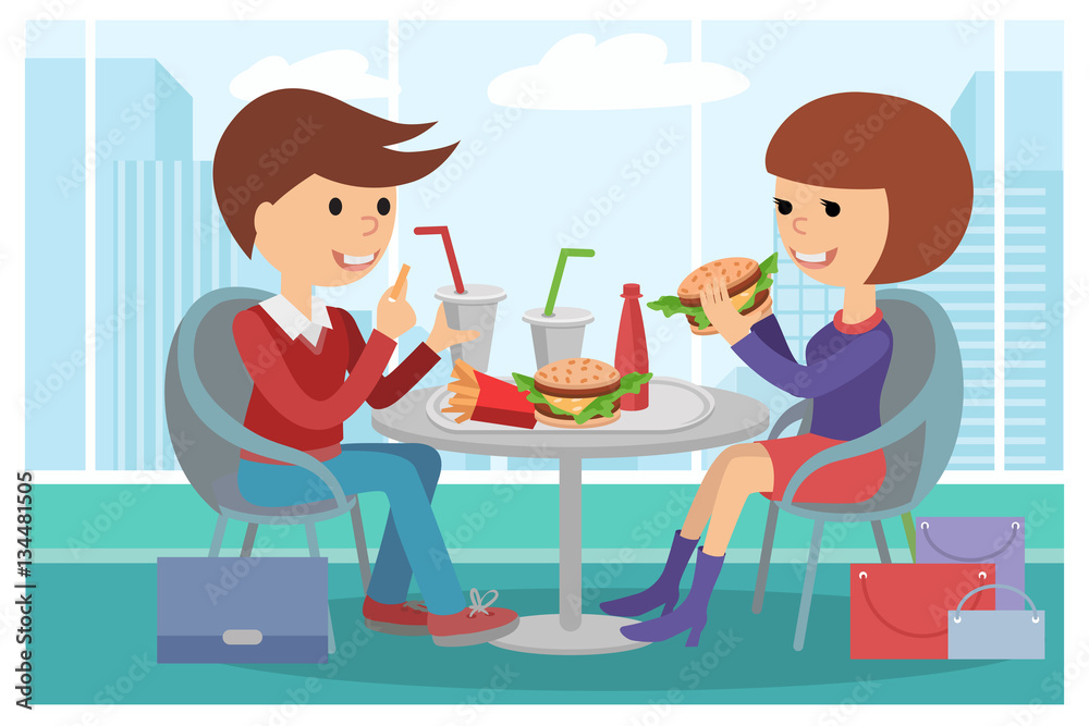 Girl and boy eating fast food. Vector illustration of a people at table with sandwiches drinks.