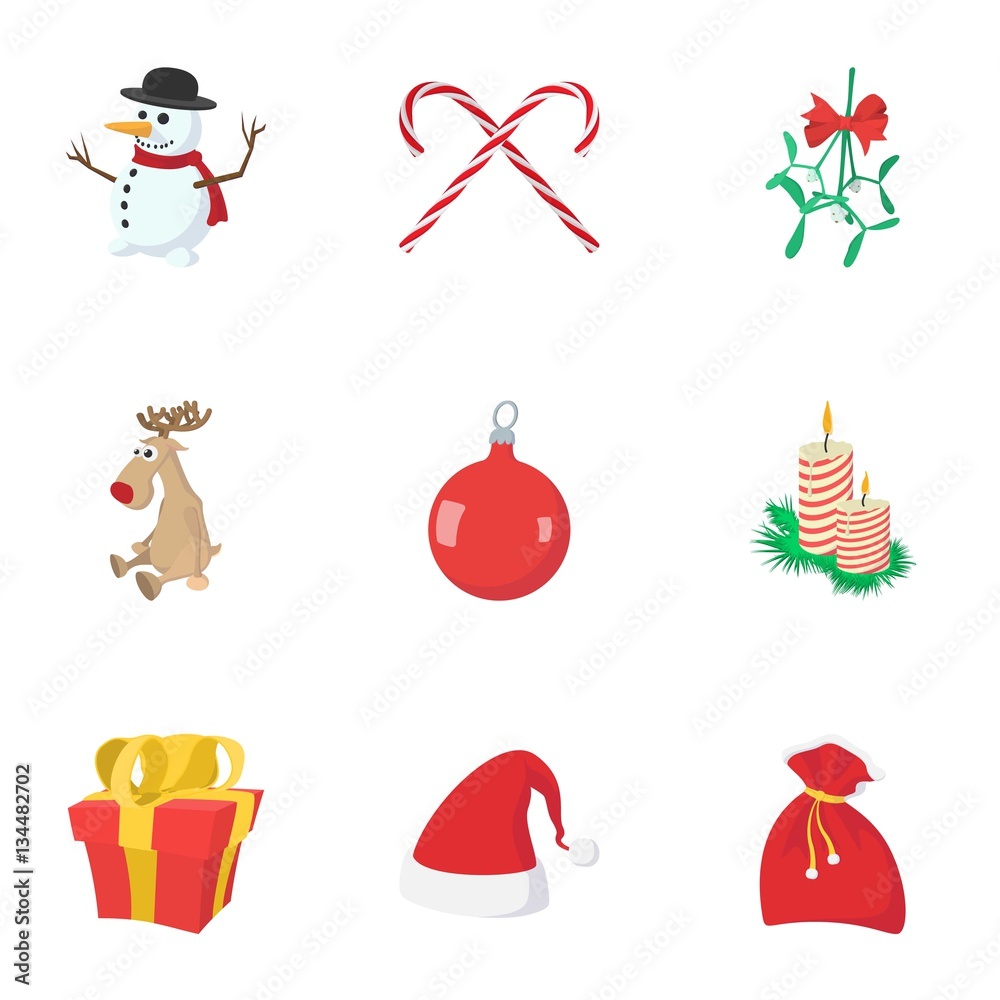 Fototapeta premium New year holiday icons set, cartoon style
