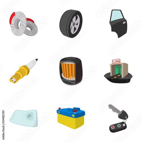 Maintenance car icons set, cartoon style