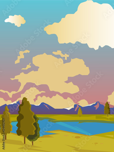  Vector summer landscape. Beautiful colorful background.