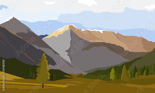  Landscape on the background of beautiful mountains.