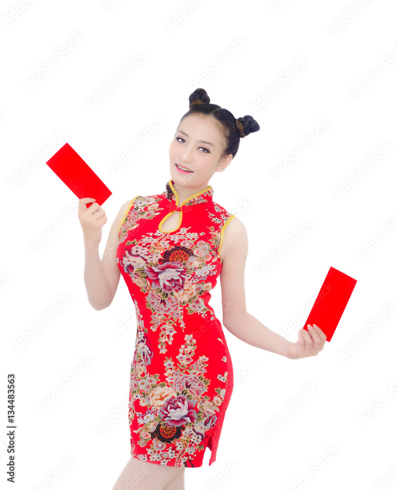 happy Chinese new year. Asian girl with gesture of congratulation and holding red envelope on White background happy Chinese new year. Asian girl with gesture of congratulation and holding red envelope on White background
