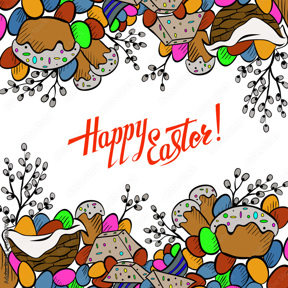 Cartoon cute doodles hand drawn Happy Easter background.