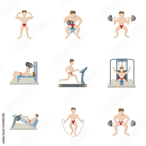 Gym icons set, cartoon style