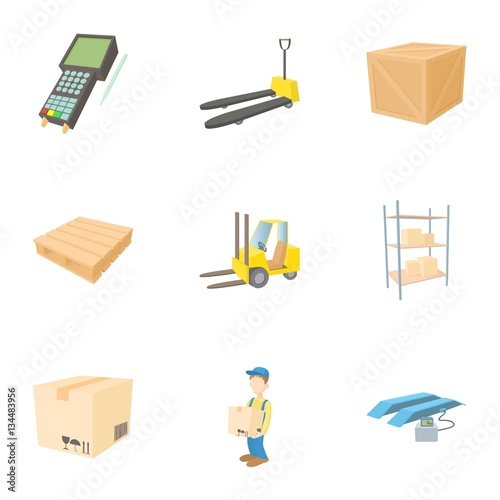 Warehouse icons set, cartoon style