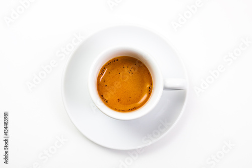 Obraz na plátně top view a cup of fresh espresso coffee, close-up