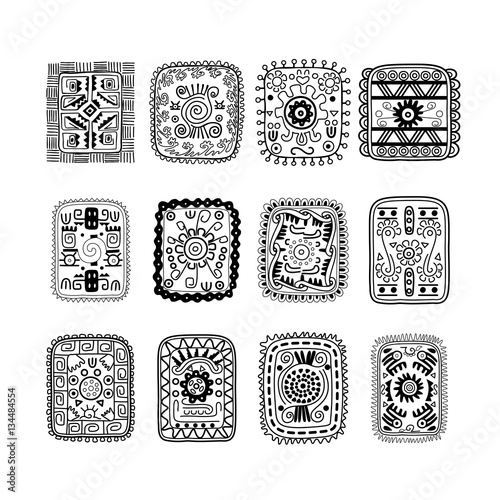 Set of rectangular ethnic ornaments in black and white color.