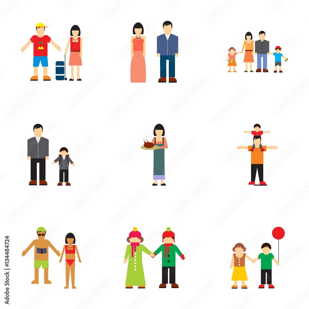 Family relationships icons set, flat style