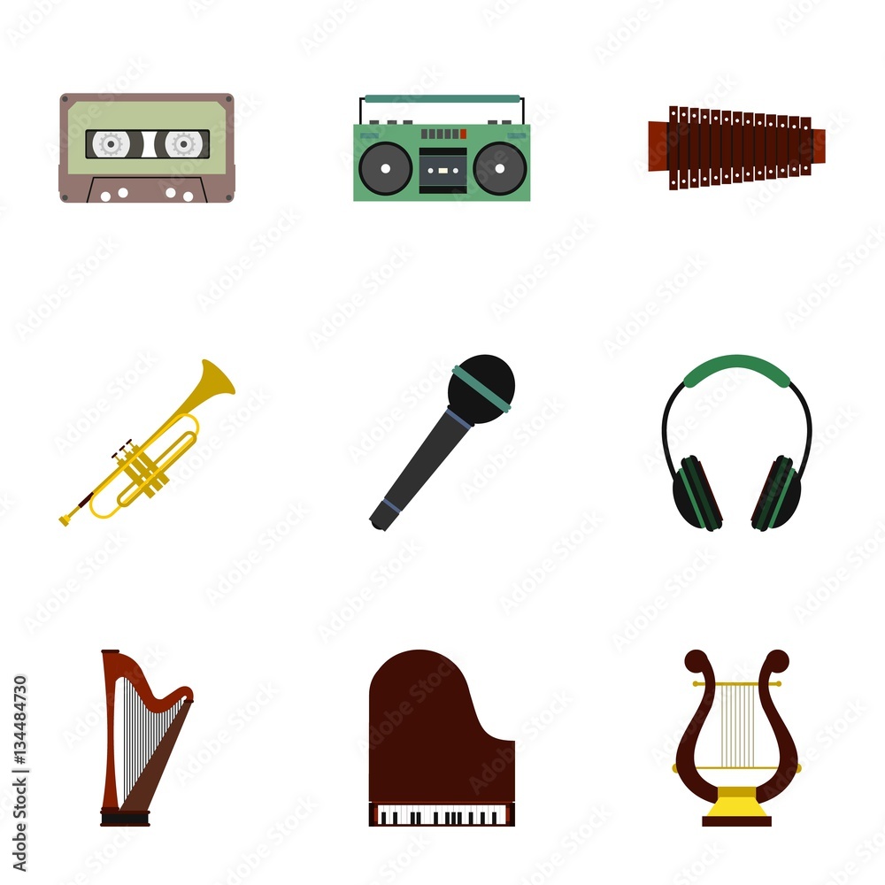 Fototapeta premium Tools for music icons set, flat style