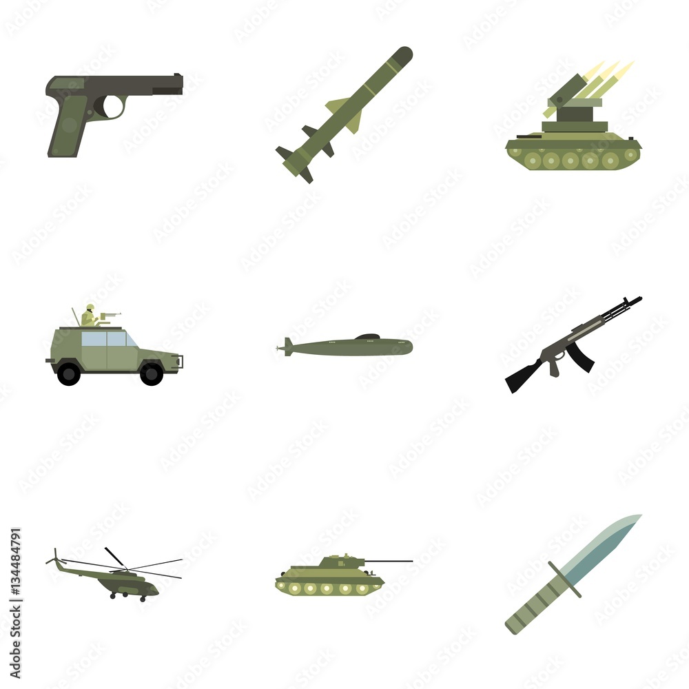 Military weapons icons set, flat style Military weapons icons set, flat style