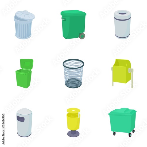 Rubbish bin icons set, cartoon style