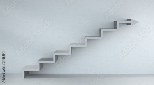 Grey stairs arrow going up on concrete wall 3D rendering