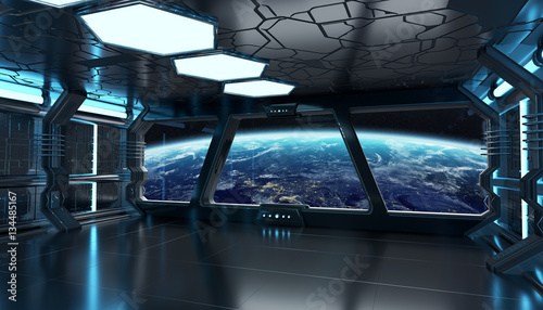 Fototapeta Naklejka Na Ścianę i Meble -  Spaceship interior with view on the planet Earth 3D rendering el