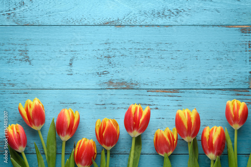 Tulips on rustic wooden background