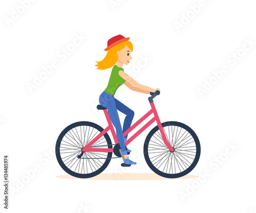 Young girl traveling by bicycle, is engaged in outdoor activities.