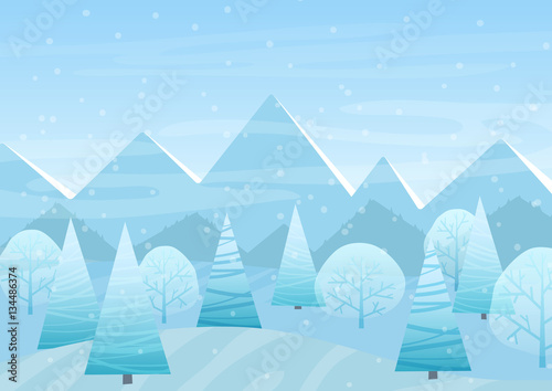 Beautiful Chrismas winter flat landscape background. Christmas forest woods with mountains. New Year winter vector landscape. © lembergvector