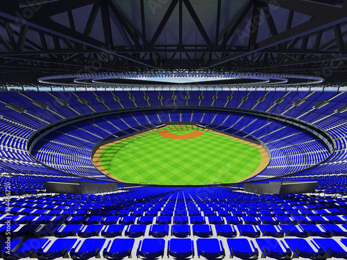 3D render of baseball stadium with blue seats and VIP boxes